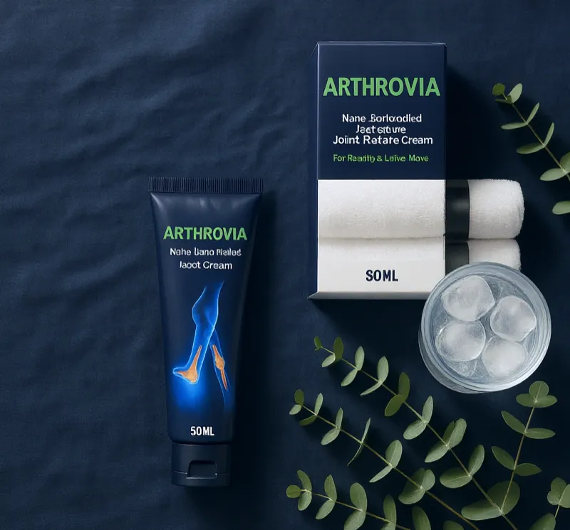 Arthrovia Nano-Infused Joint Relief Cream - tubka i pudełko flat lay Stenka Clinic