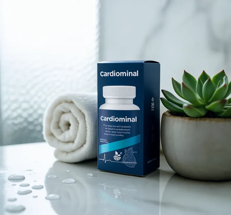 Cardiominal suplement diety z eleganckim pudełkiem w aranżacji z ręcznikiem i sukulentem - Stenka Clinic