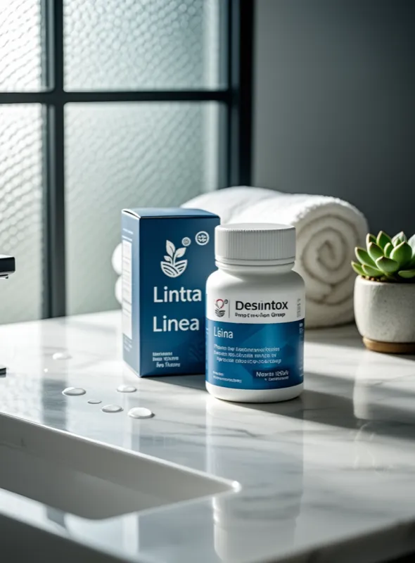 Desintox suplement diety z pudełkiem w aranżacji z ręcznikiem i sukulentem - Stenka Clinic