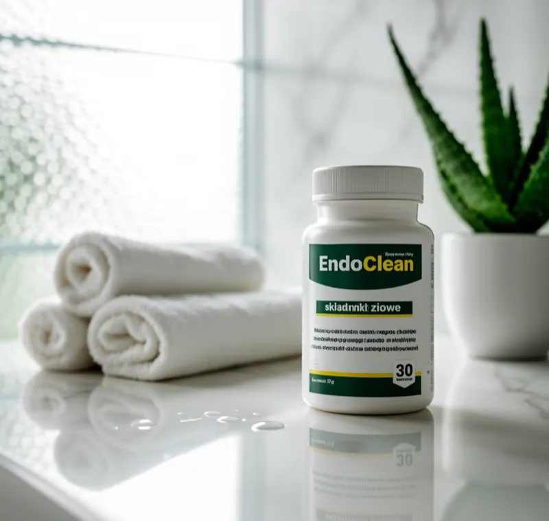 EndoClean suplement diety w łazience z ręcznikami i aloesem - Stenka Clinic