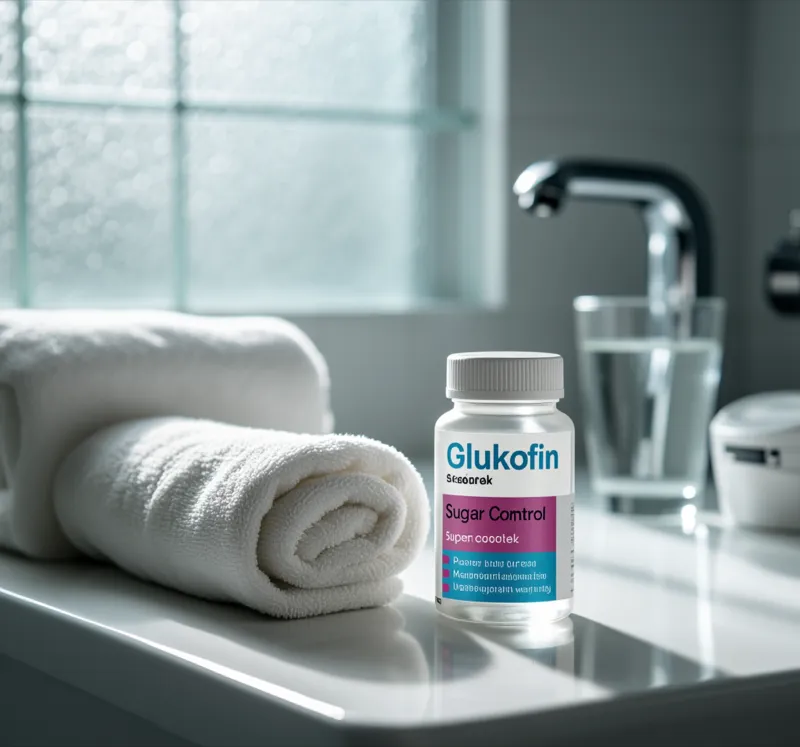 Glukofin Sugar Control w łazience obok ręczników i szklanki wody - Stenka Clinic