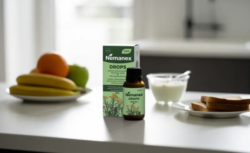 Nemanex krople ziołowe na blacie kuchennym obok świeżych owoców - Stenka Clinic
