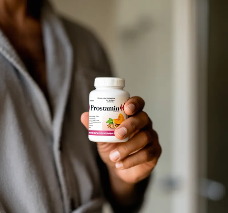 Prostamin Plus trzymany w dłoni mężczyzny w szlafroku - Stenka Clinic