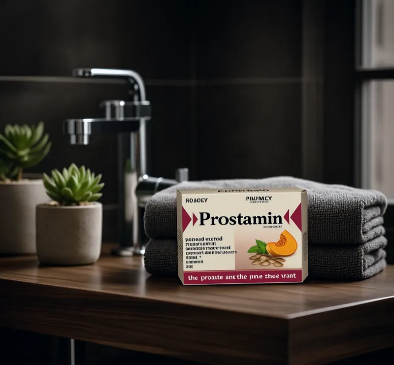 Prostamin Plus opakowanie na półce łazienkowej z ręcznikami - Stenka Clinic