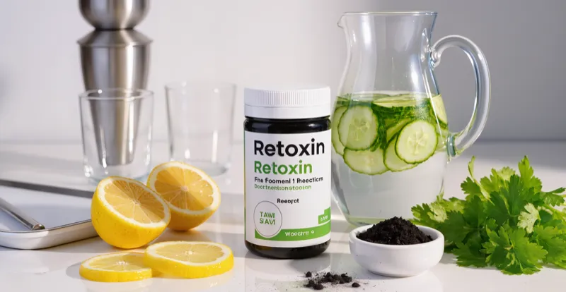 Retoxin suplement detoks obok cytryny, wody z ogórkiem i świeżych ziół - Stenka Clinic